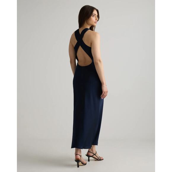 Quince Dress Womens Small High Neck Navy Blue Washable Silk Midi Sleeveless - Picture 2 of 7